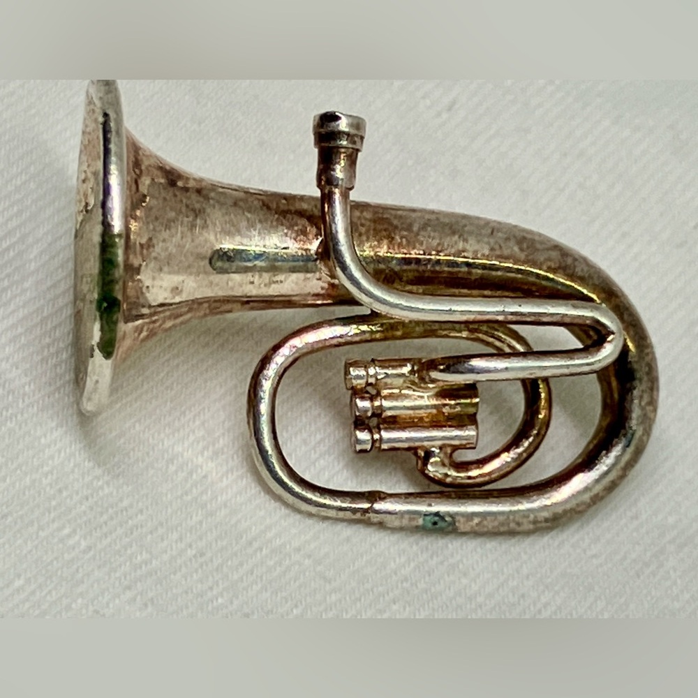Vintage Miniature Tuba Horn Orchestra Band Lapel Pin Silver Tone Locking Back